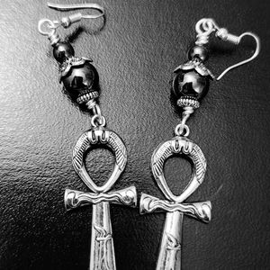 Hematite Antique Silver Egyptian Ankh Earrings